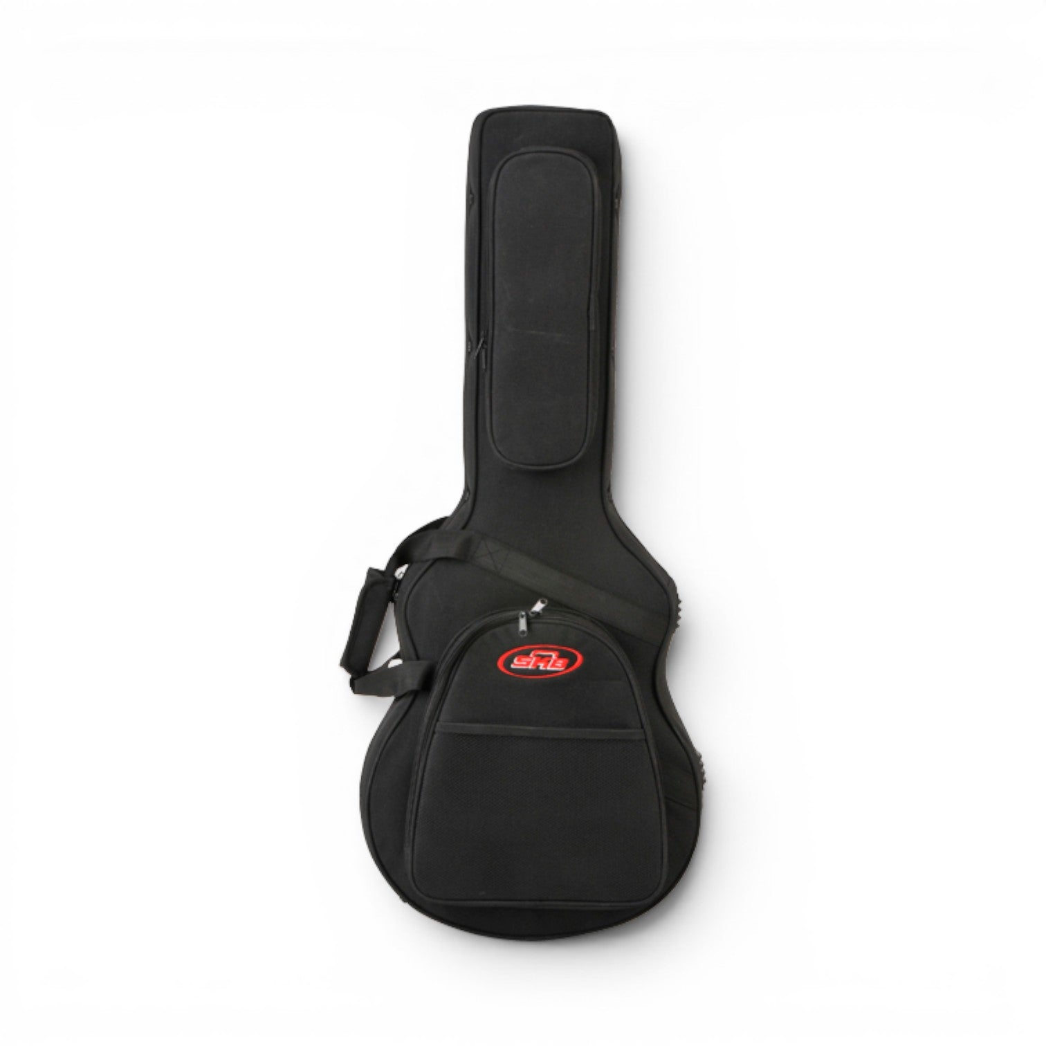 Closed protective case for GS Mini with backpack straps and zippered pouch, designed for lightweight and durable guitar transport.