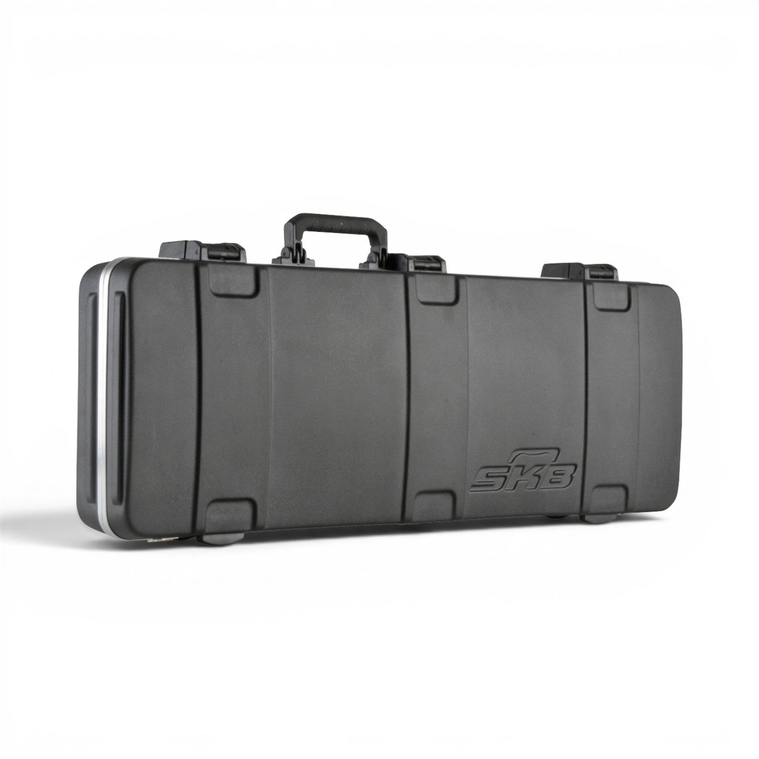 Side view of SKB Pro Electric Guitar Case featuring reinforced corners, TSA latches, and ergonomic handle for travel durability.