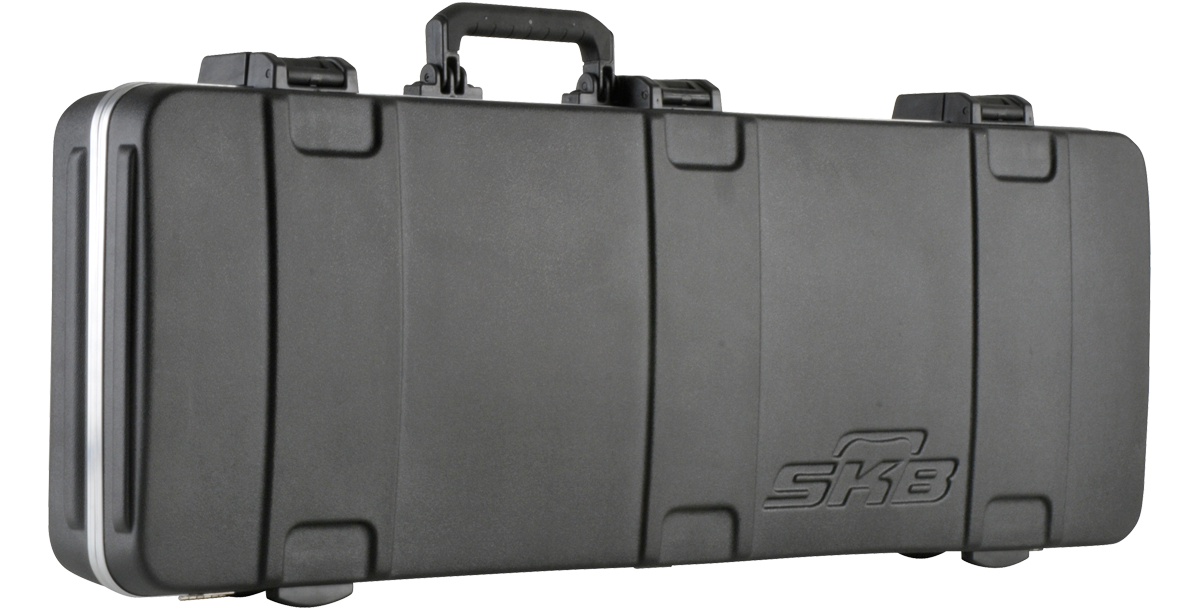 Side view of SKB Pro Electric Guitar Case featuring reinforced corners, TSA latches, and ergonomic handle for travel durability.