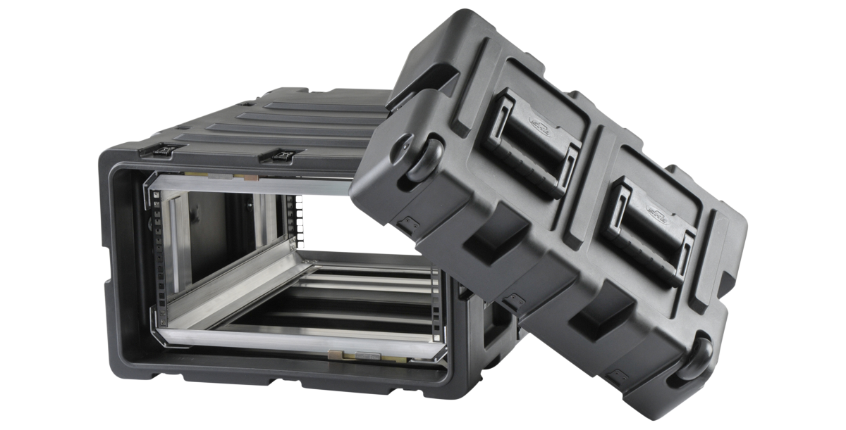 24-inch Deep Shock Rack with lid removed, showing internal aluminum frame and shock-absorbing mounts for sensitive electronics protection.