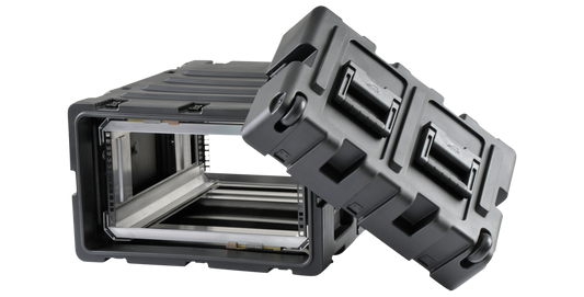 24-inch Deep Shock Rack with lid removed, showing internal aluminum frame and shock-absorbing mounts for sensitive electronics protection.