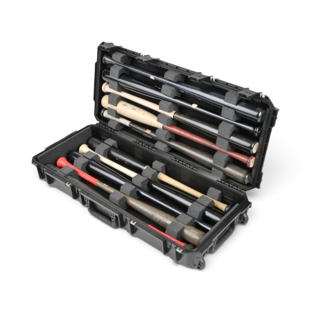 SKB Cases iSeries 3614-6 black waterproof hard case with custom foam insert holding ten baseball bats