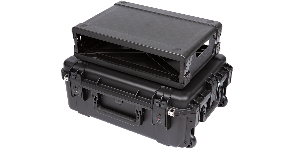 Angled view of empty SKB 2U iSeries Fly Rack, highlighting open rack design and rugged waterproof case for pro audio gear.