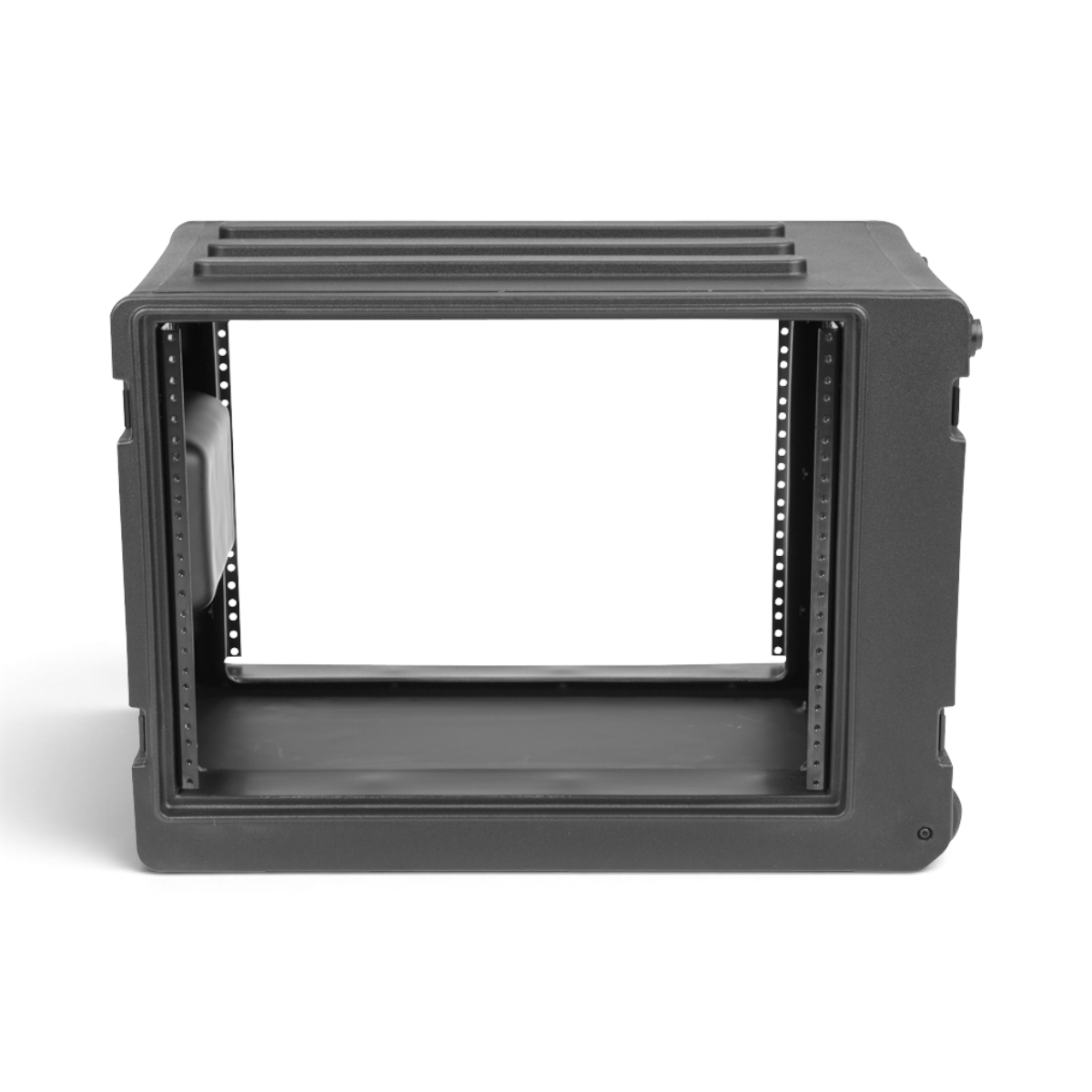 SKB Cases 8U rSeries shallow rolling rack made of durable black polyethylene with front and rear steel threaded rails.