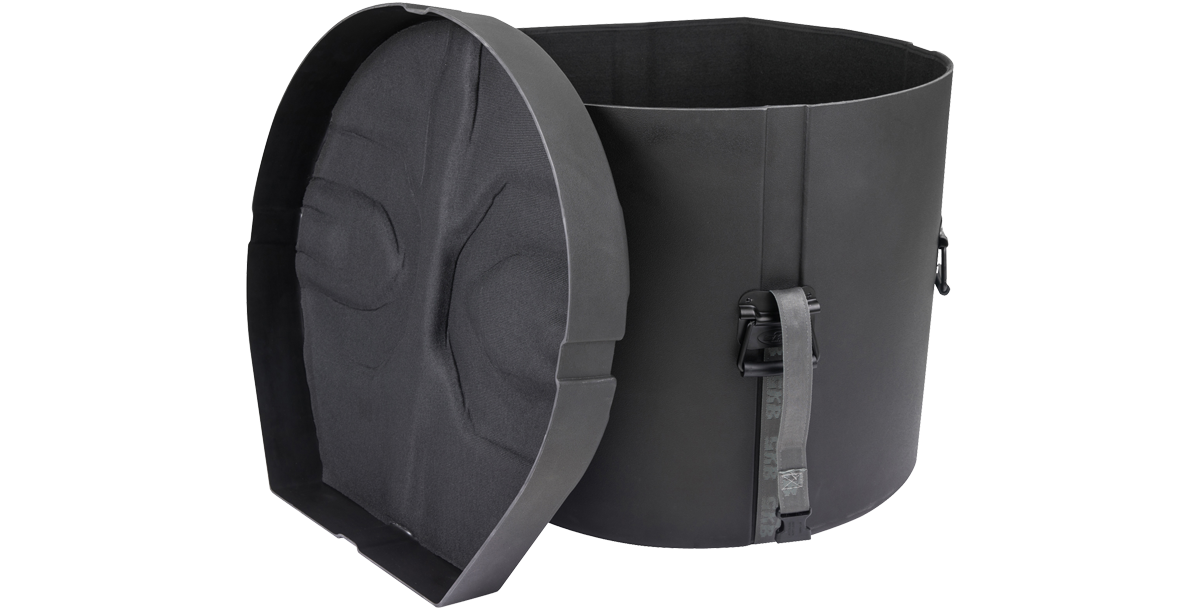 SKB Drum Package - Ultimate Drum Case Set with lid removed, showing spacious interior and heavy-duty strap for secure drum fit.