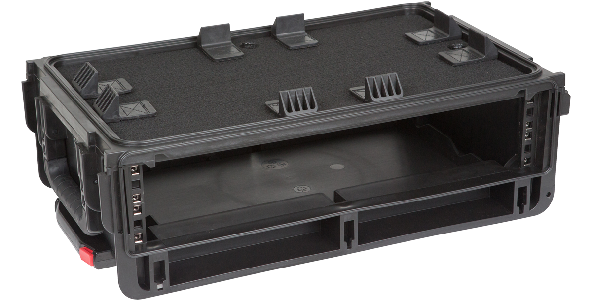 Empty 2U Rack Case with injection molded shell and open front, ideal for customizing portable studio or AV setups.