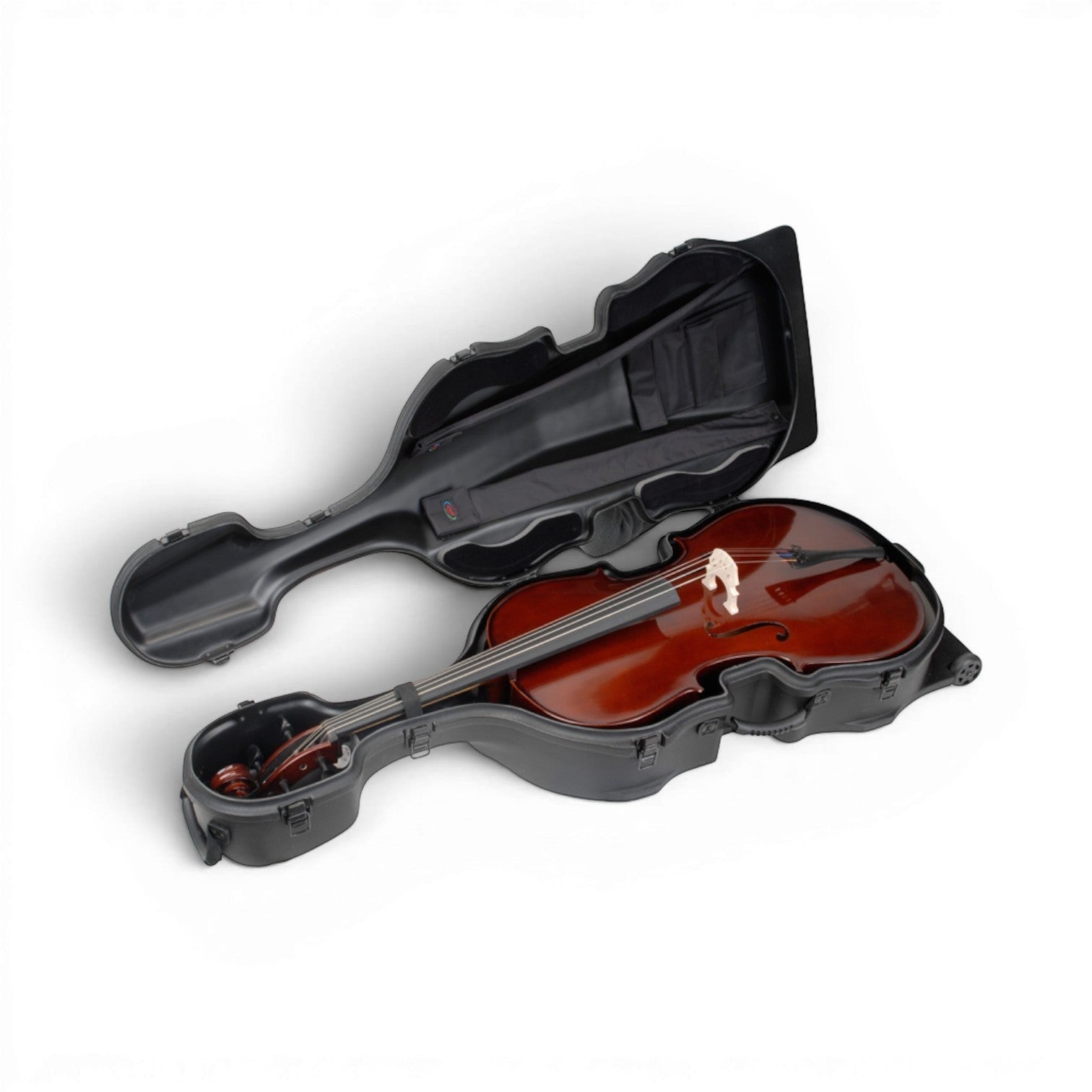Open 4/4 Cello Case showing interior with padded compartments, bow holders, and a full-size cello securely fitted inside.