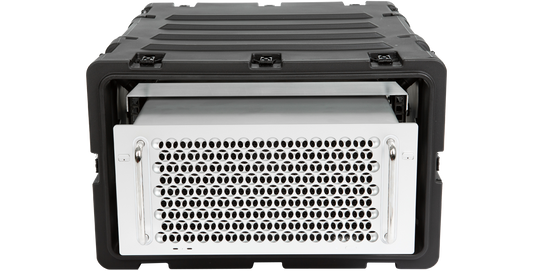 5U 24-inch deep shock rack case showing partially extended Mac Pro. Ideal for transporting sensitive electronics with shockproof design.