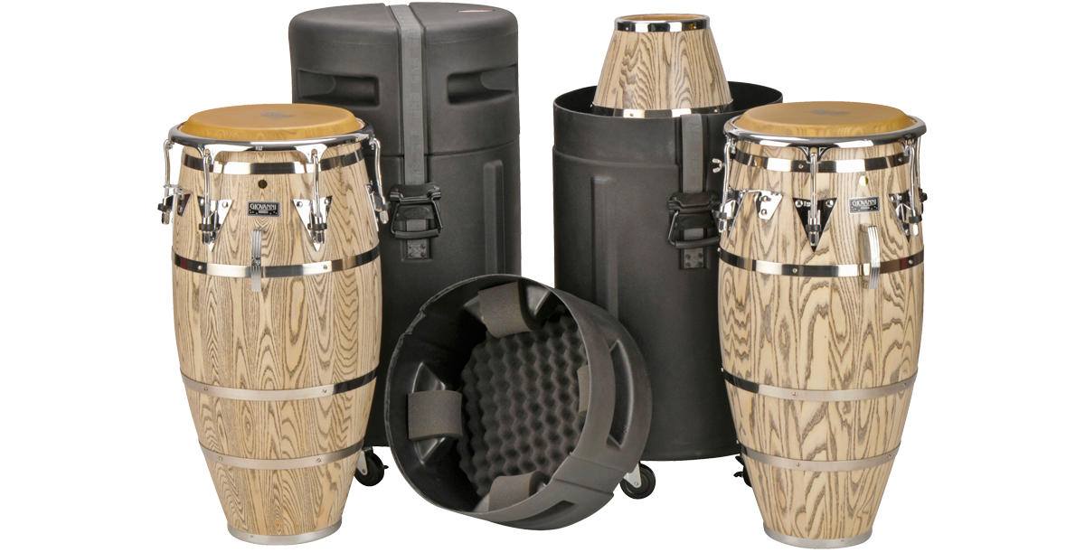 Universal Conga Case with Wheels shown with multiple conga drums, highlighting its padded interior and secure fit for safe drum transport.