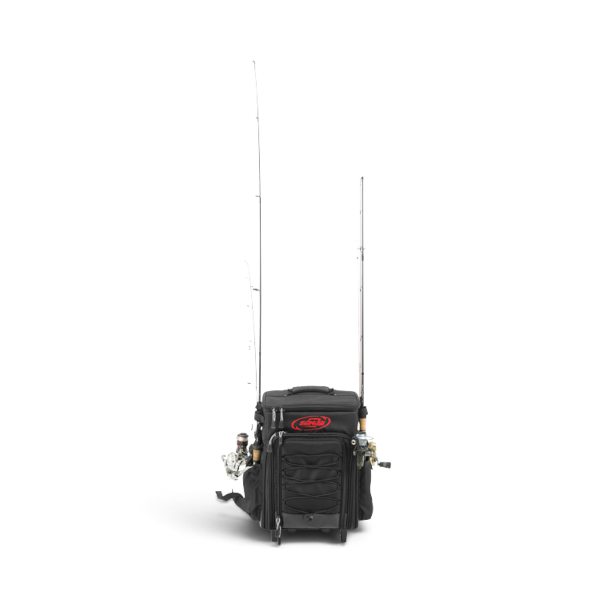 SKB Cases Tak-Pak black fishing tackle backpack with wheels, retractable handle, and two fishing rods attached.