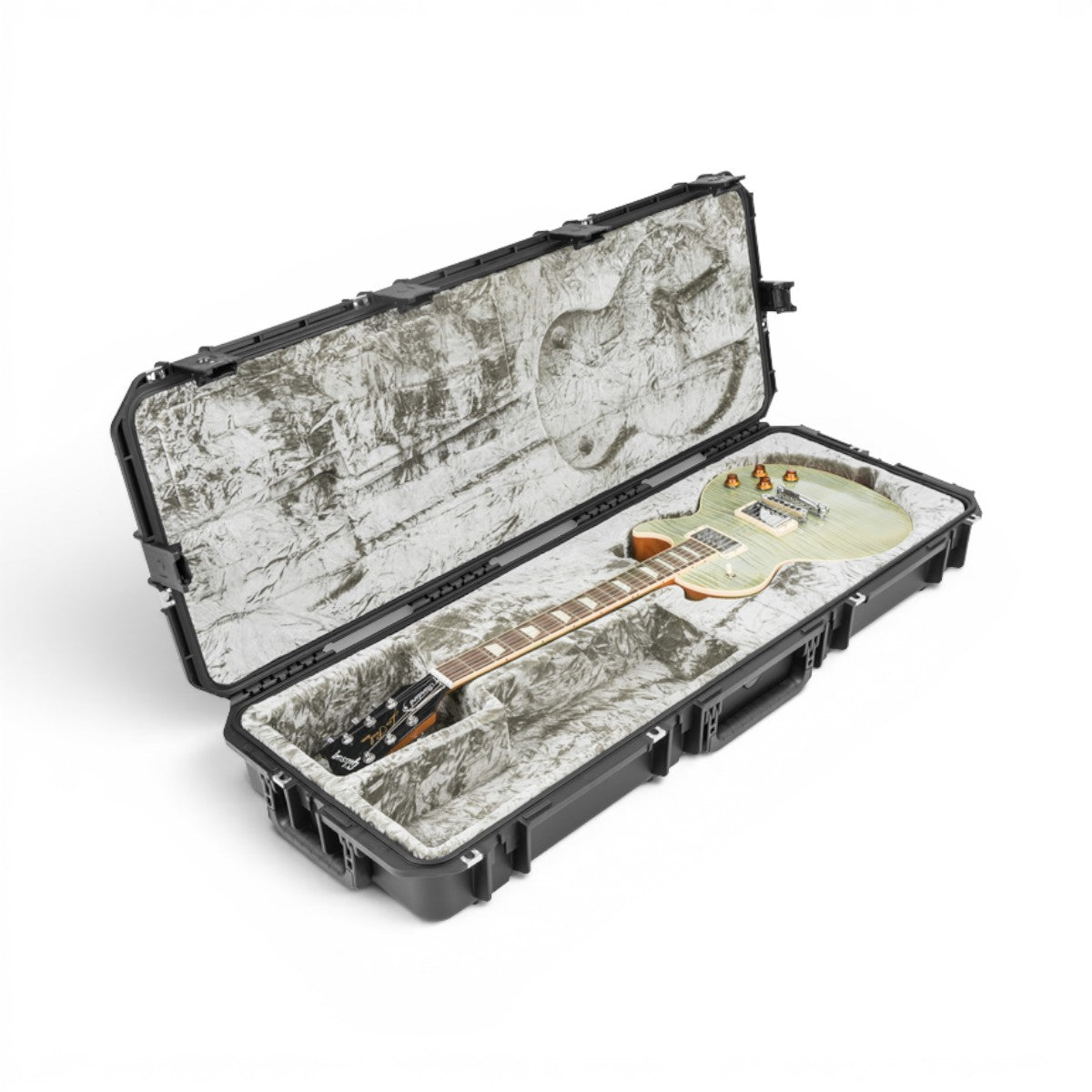 Side open view of SKB iSeries Guitar Case - Les Paul Waterproof with white Les Paul guitar inside plush molded interior.