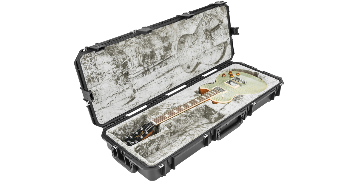 Side open view of SKB iSeries Guitar Case - Les Paul Waterproof with white Les Paul guitar inside plush molded interior.