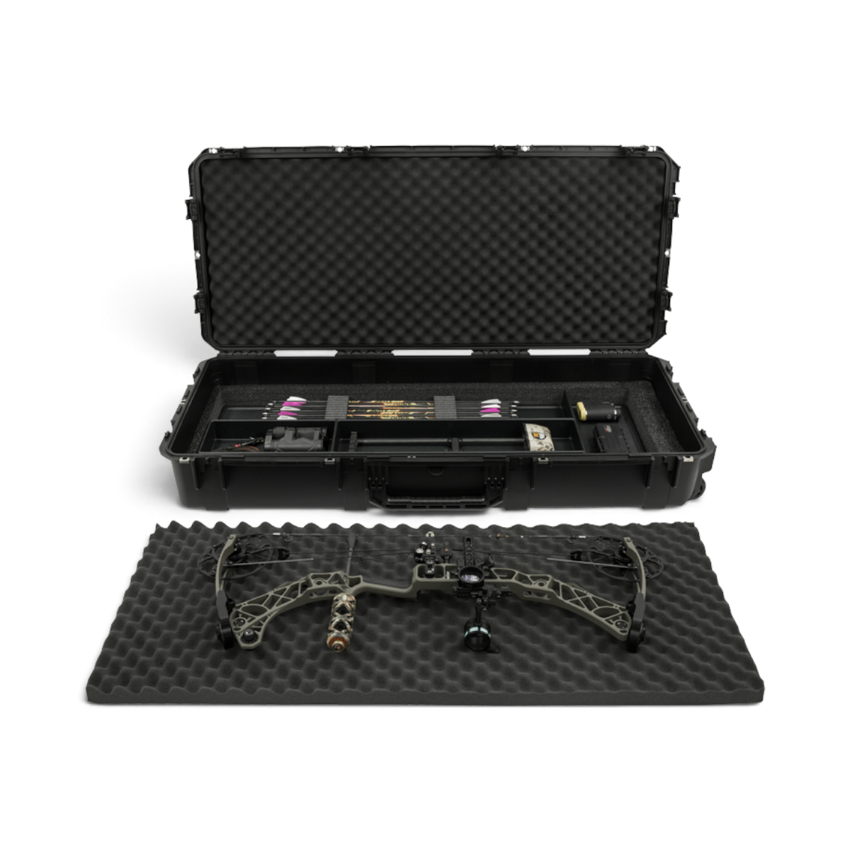 SKB Cases iSeries 4719-8 waterproof bow case with compound bow and arrows displayed on foam padding