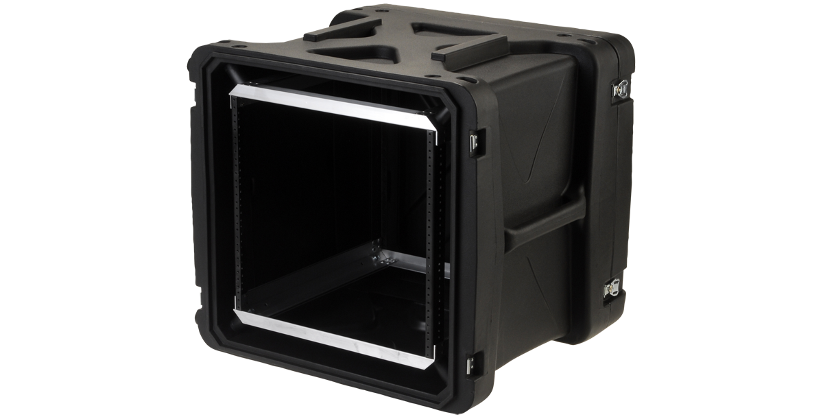 Angled open view of 20-inch Shock Rack - 10U Deep with reinforced corners and lightweight frame for IT and pro-audio equipment.