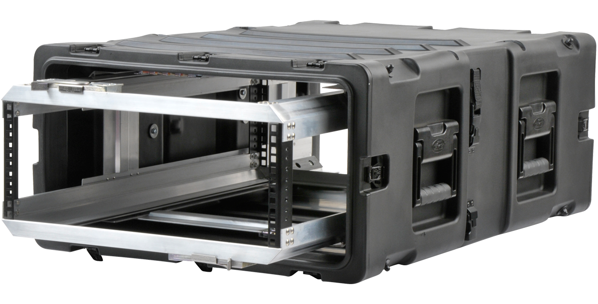 SKB 4U RR Series 30-inch Deep Shock Rack with reinforced handles and shock-mounted aluminum frame for sensitive electronics.