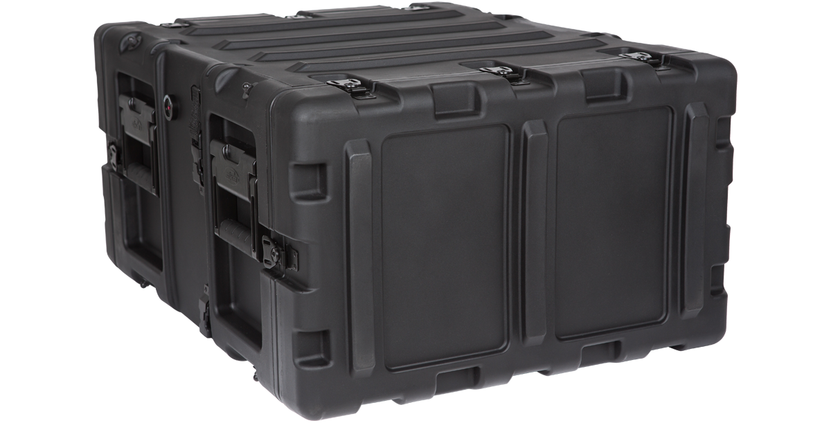 Rear-left view of closed 5U 20-inch SKB Shock Rack with rugged black exterior and reinforced corners for transit durability.