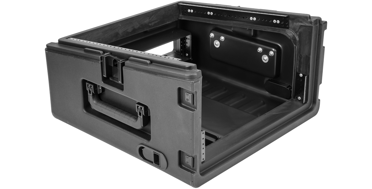 Compact Rig Case - Rolling with 10U top and 2U rack rails, featuring side handles and TSA lock-ready latches for secure transport.