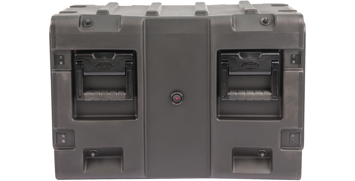 Front-facing closed 20-inch Shock Rack Case by SKB with dual handles and central locking point for secure storage.