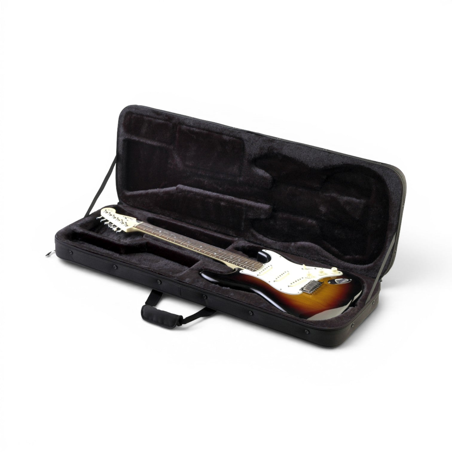 Electric Guitar Soft Case open to reveal plush interior with molded EPS foam, securely holding a Strat-style guitar for maximum protection during travel.