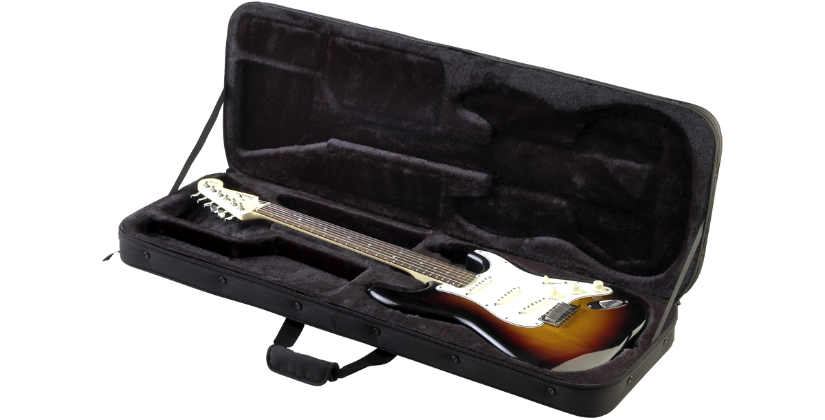 Electric Guitar Soft Case open to reveal plush interior with molded EPS foam, securely holding a Strat-style guitar for maximum protection during travel.