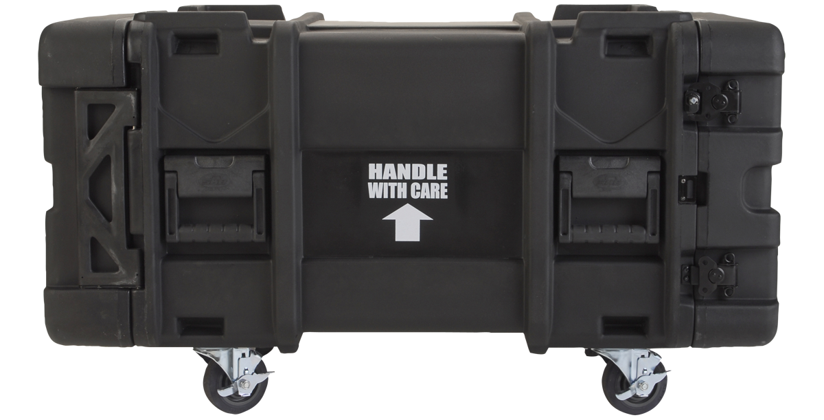 Bottom view of 30-inch Shock Rack Case labeled 'Handle With Care,' showcasing reinforced corners and caster wheels for mobility.