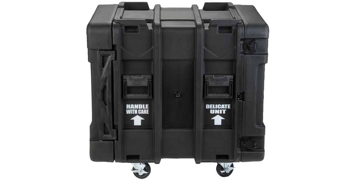 Back view of 24-inch Roto Shock Rack - 12U Deep rSeries featuring rugged wheels and protective labeling for safe equipment handling.