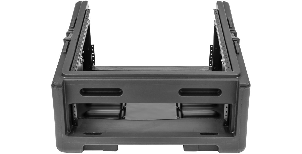 Back panel of Compact Rig Case - Rolling with open access and stackable design, suitable for travel and pro audio use.