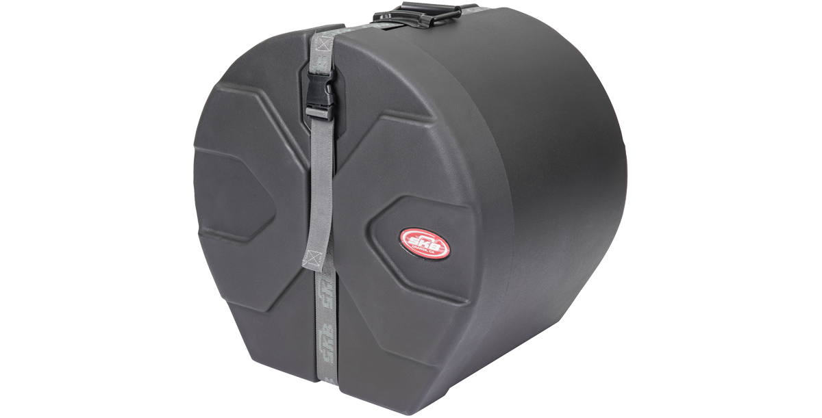 Angled view of SKB Drum Package bass drum case with rugged construction and ergonomic design for easy handling.