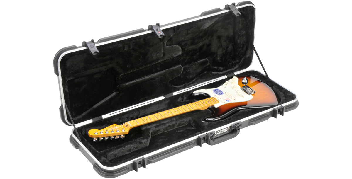 Electric guitar case with Stratocaster inside, angled view showing plush interior and locking latches for secure fit and protection.