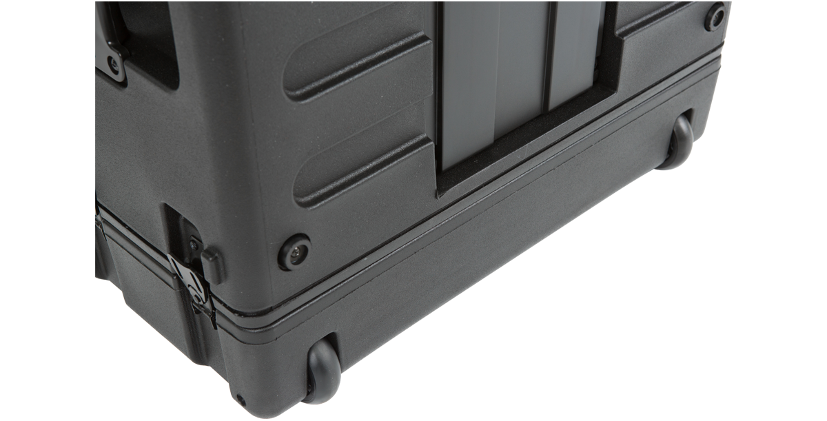 Bottom corner of SKB 4U rSeries Roto Rolling Rack with built-in wheels, designed for smooth mobility and transport.