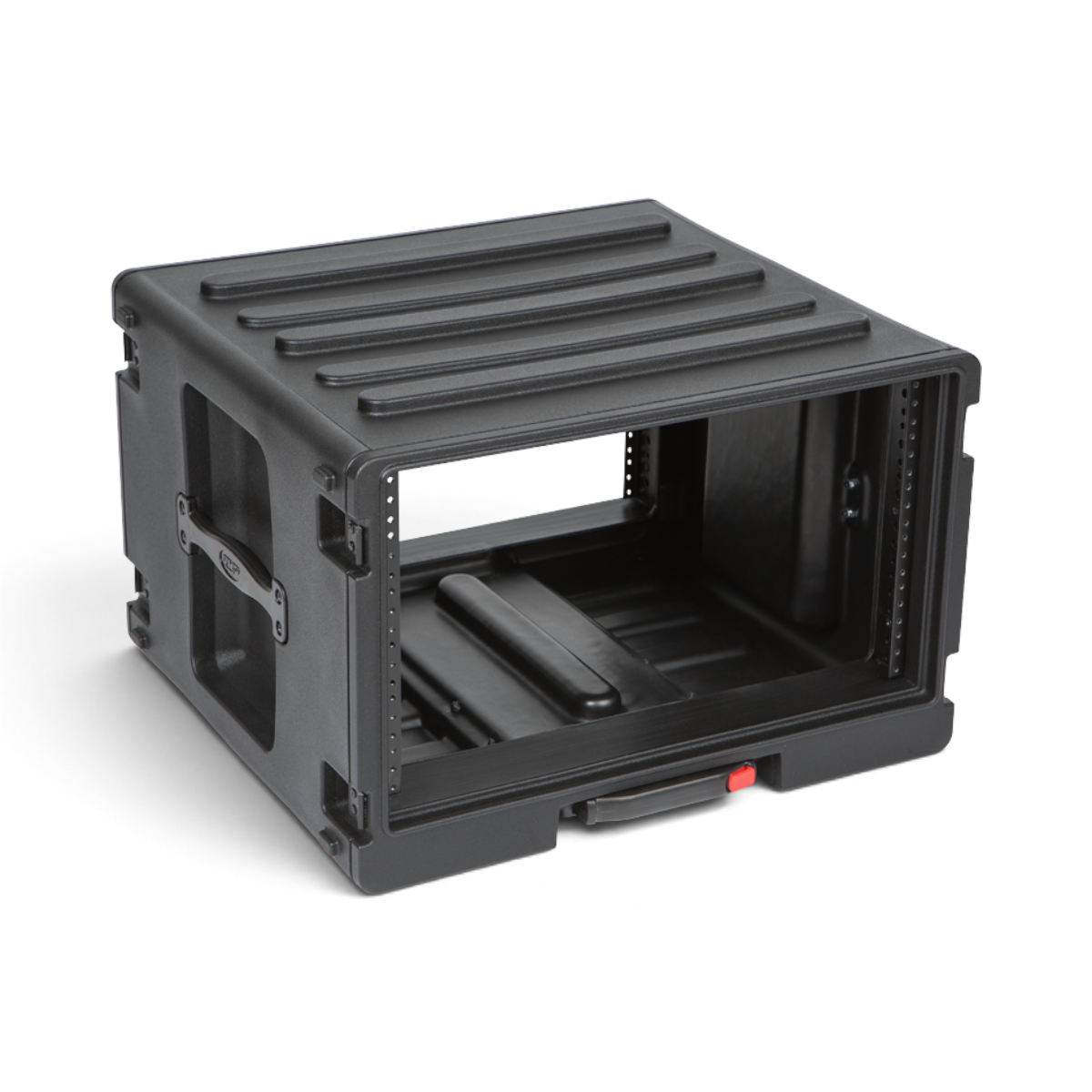 Open side view of SKB 6U Rolling Rack - Durable and Portable Storage, displaying internal rails and molded base.