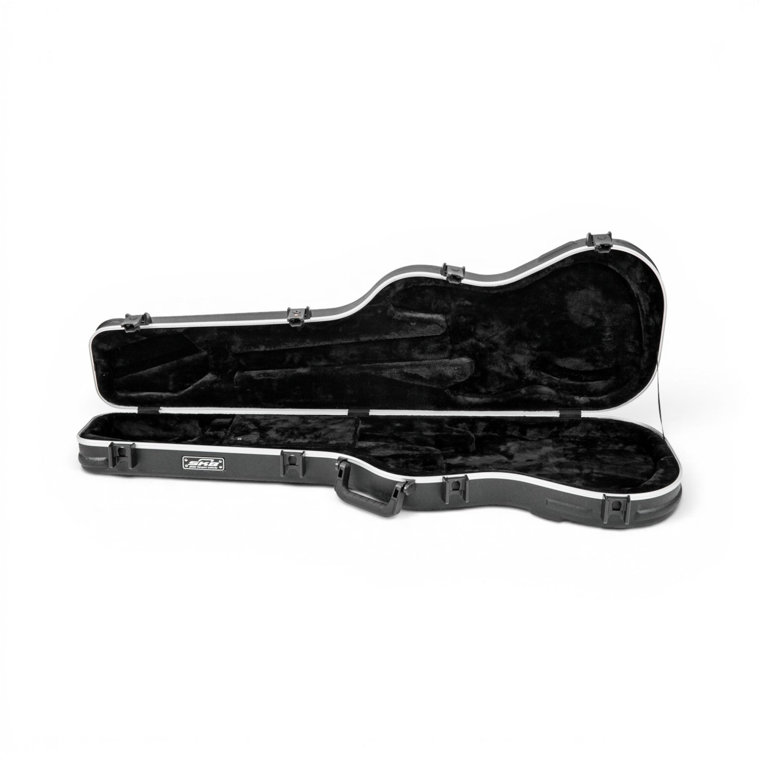 Open Precision Jazz Bass Case with TSA Lock, displaying full interior layout and protective molded bumpers for bass guitar storage.