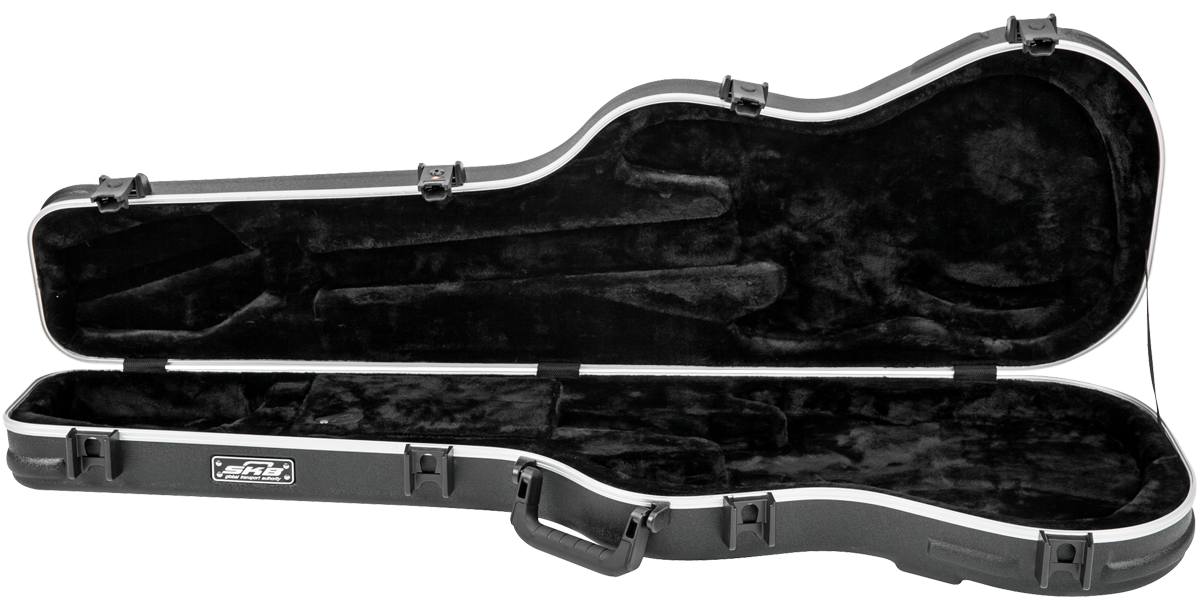 Open Precision Jazz Bass Case with TSA Lock, displaying full interior layout and protective molded bumpers for bass guitar storage.