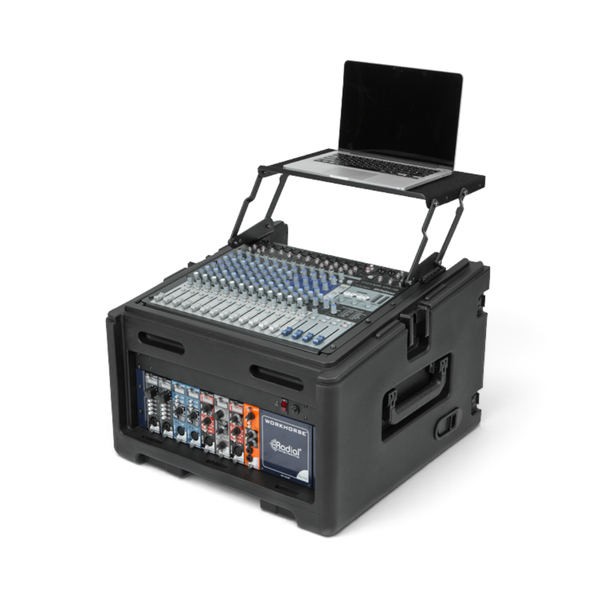 Rolling compact rig with 10U mixer, 4U rack, and laptop tray extended. Built for DJs and audio techs needing mobility and protection.