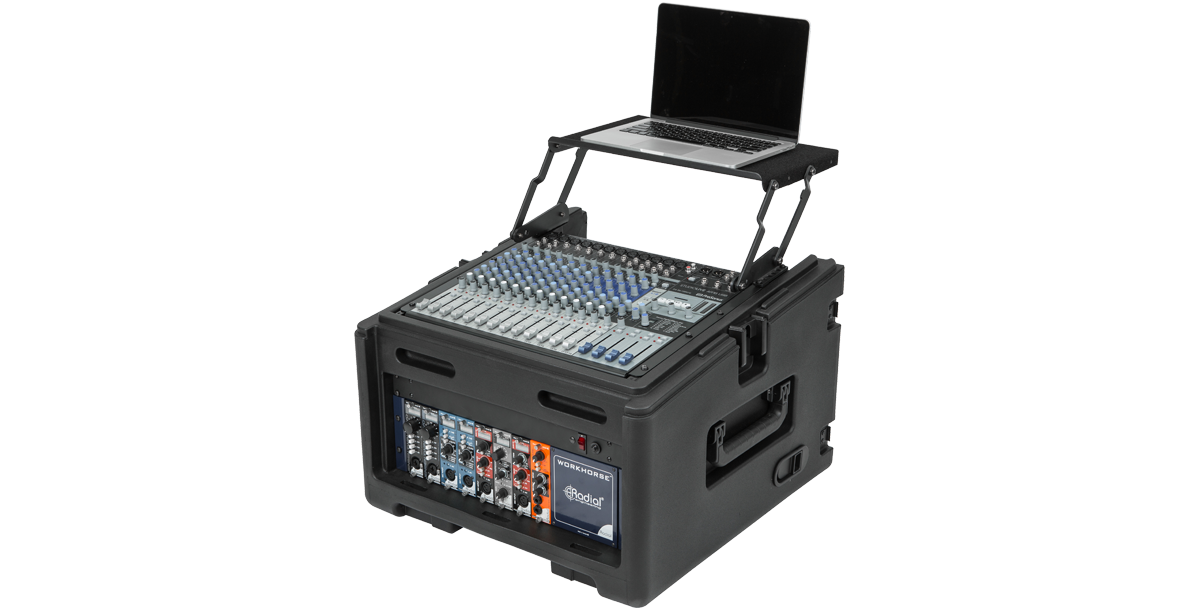 Rolling compact rig with 10U mixer, 4U rack, and laptop tray extended. Built for DJs and audio techs needing mobility and protection.