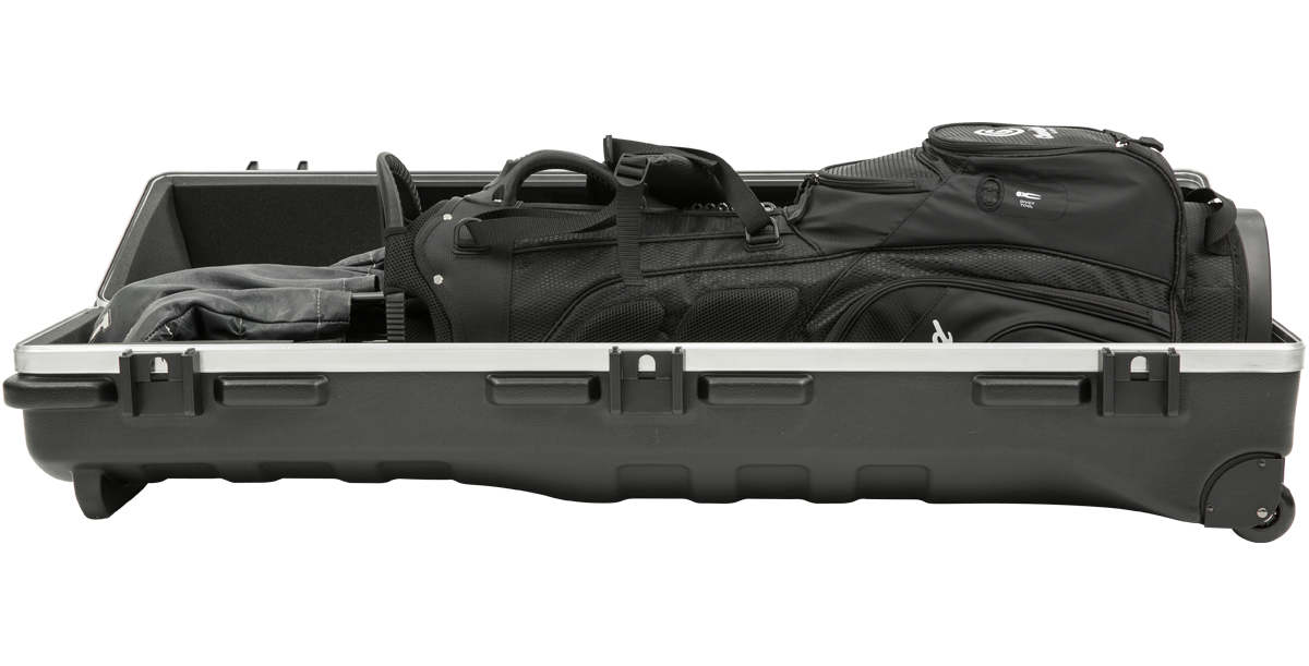 ATA Staff Pro XL Golf Travel Case open with black golf bag inside, showcasing spacious interior for club protection during travel.