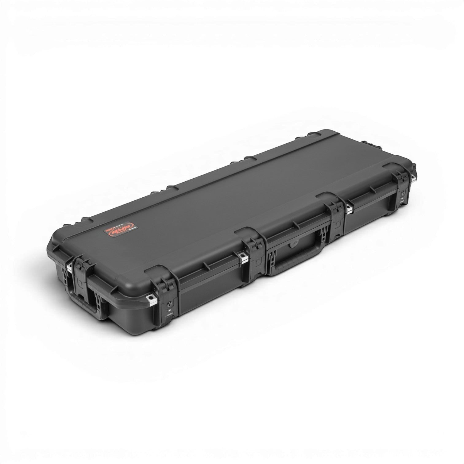 Closed iSeries waterproof guitar case for Stratocaster, black exterior with TSA-approved latches and SKB logo.