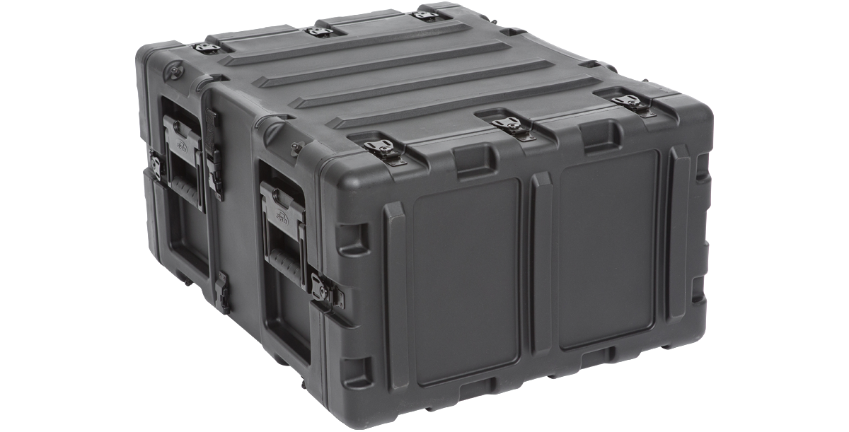 Side-rear view of 5U RR Series 20-inch shock rack with reinforced handles and durable black exterior shell.