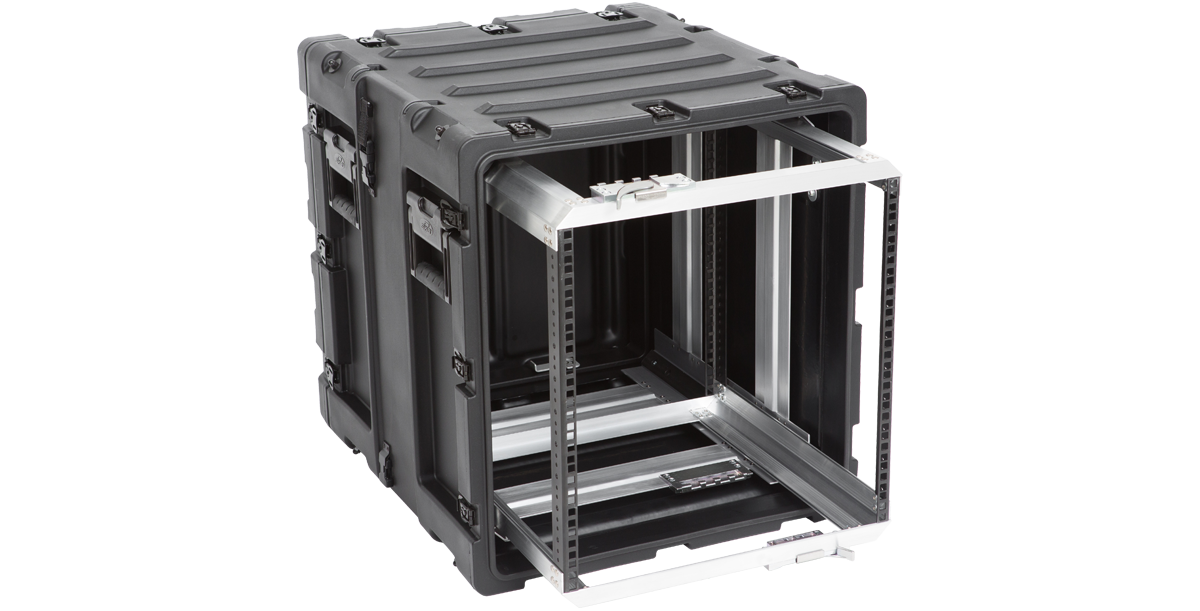 Side-open view of 11U shockproof rack with visible mounting rails and shock-absorbing frame, perfect for pro audio and IT gear.