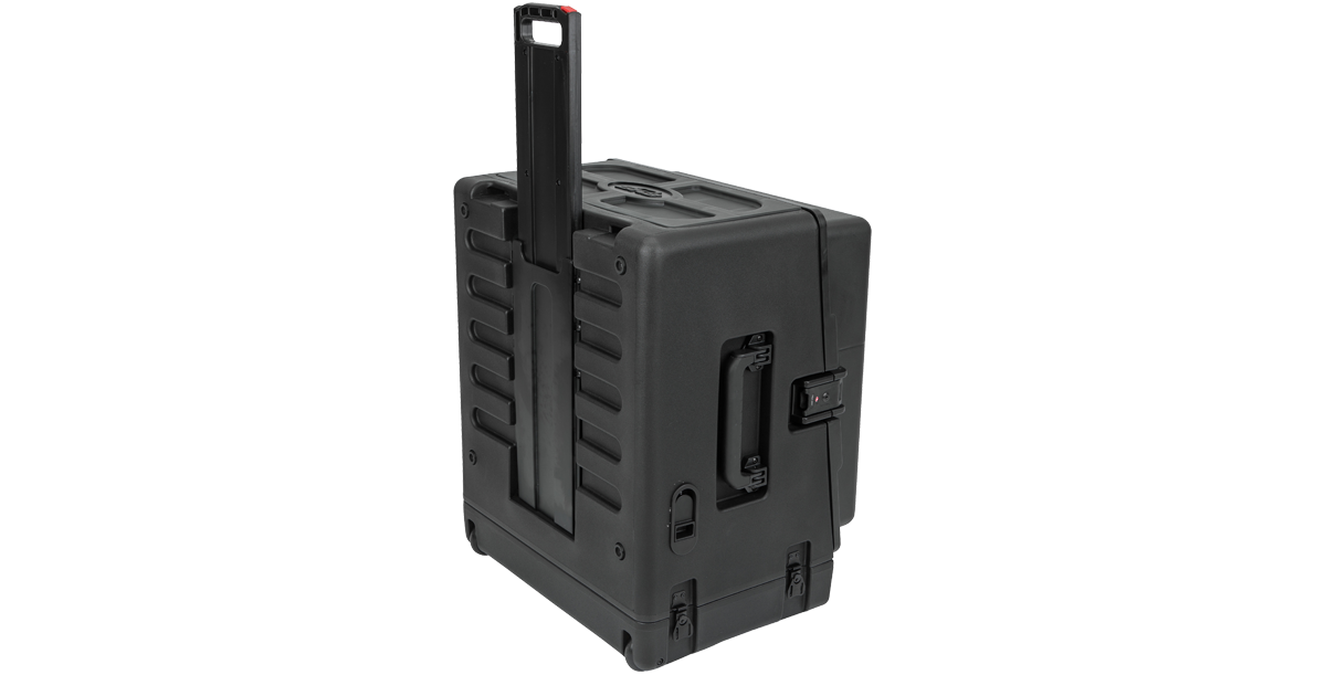 Rear angled view of rolling compact rig with telescoping handle and wheels. Designed for easy transport of 10U and 4U rack systems.
