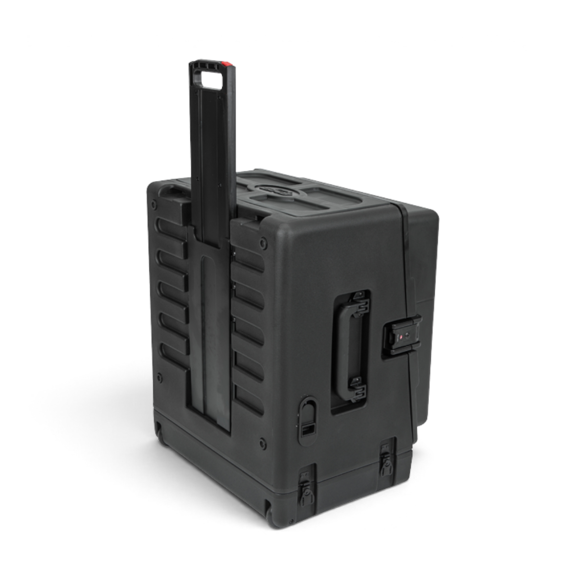 Rear angled view of rolling compact rig with telescoping handle and wheels. Designed for easy transport of 10U and 4U rack systems.