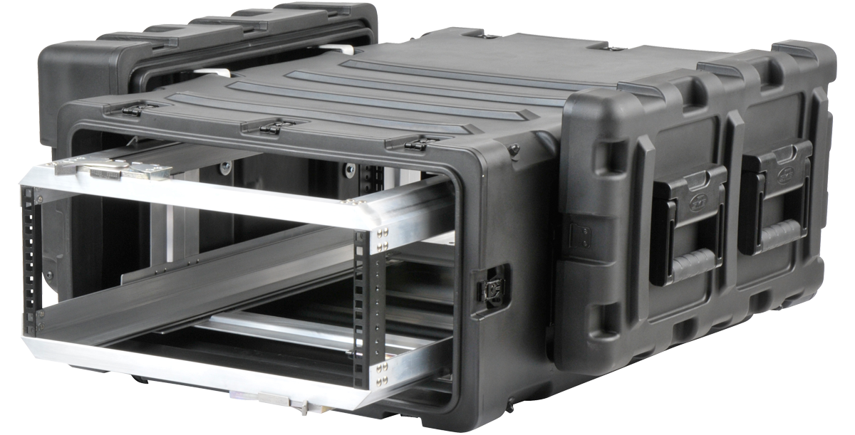 Angled side view of SKB 4U RR Series Shock Rack, 30-inch deep, showing rugged black outer shell and shock-absorbing interior frame.