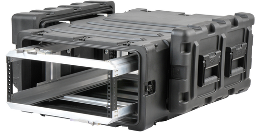 Angled side view of SKB 4U RR Series Shock Rack, 30-inch deep, showing rugged black outer shell and shock-absorbing interior frame.
