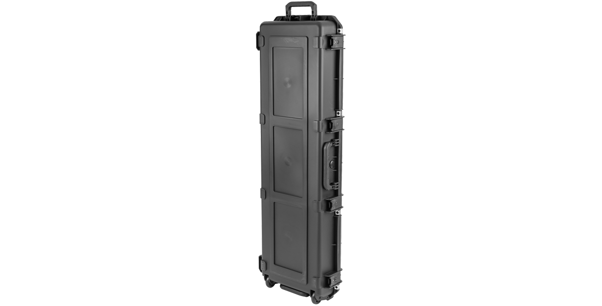 Vertical standing position of iSeries Waterproof StingRay Bass Case showing compact, travel-ready design with molded panels and wheels.