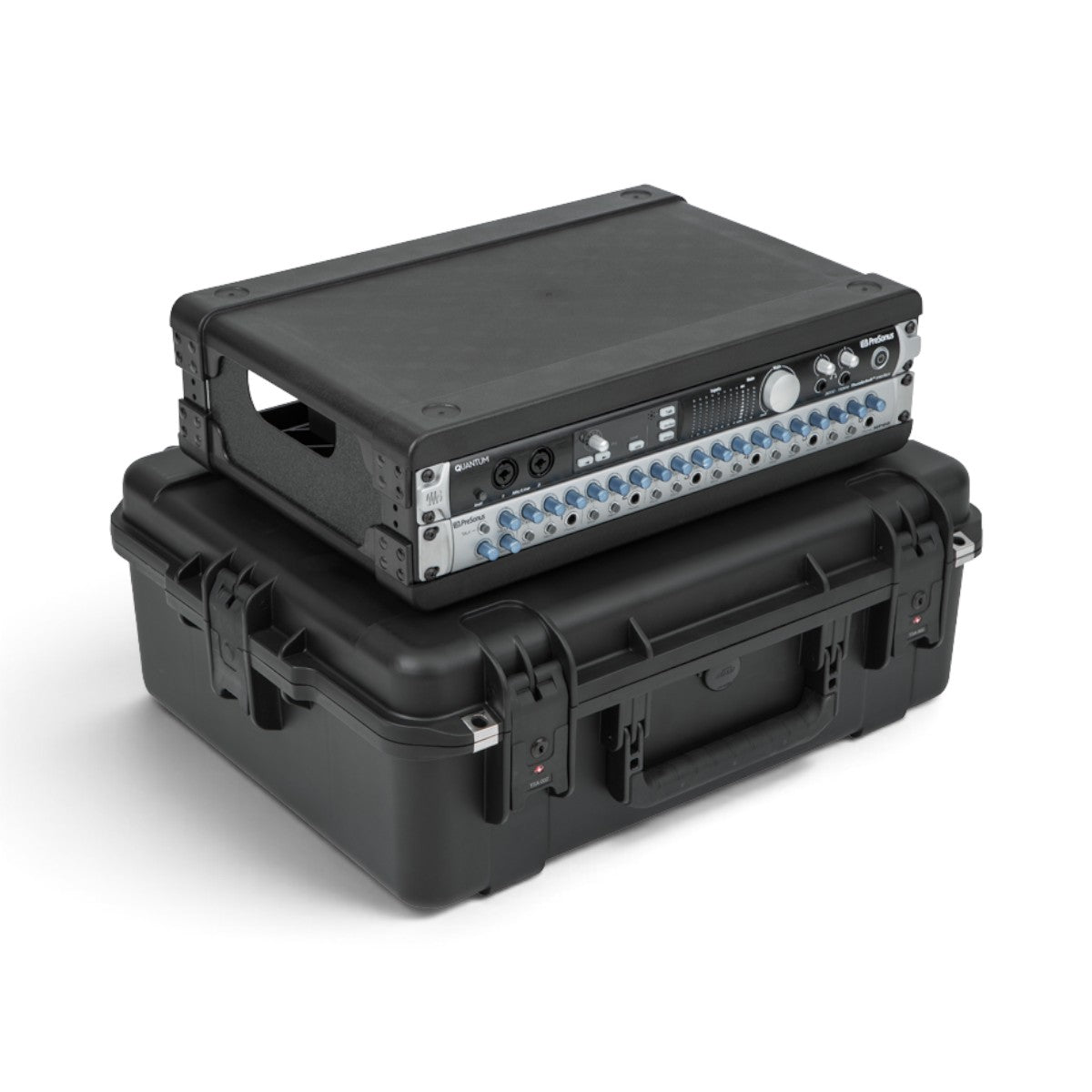 Injection Molded Fly Rack 2U Case with watertight design and TSA locks, shown with mounted audio equipment for durable transport protection.