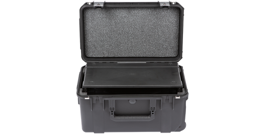 Injection Molded Fly Rack 9" shallow case with foam-lined interior and secure lid, ideal for protecting recording gear during travel.