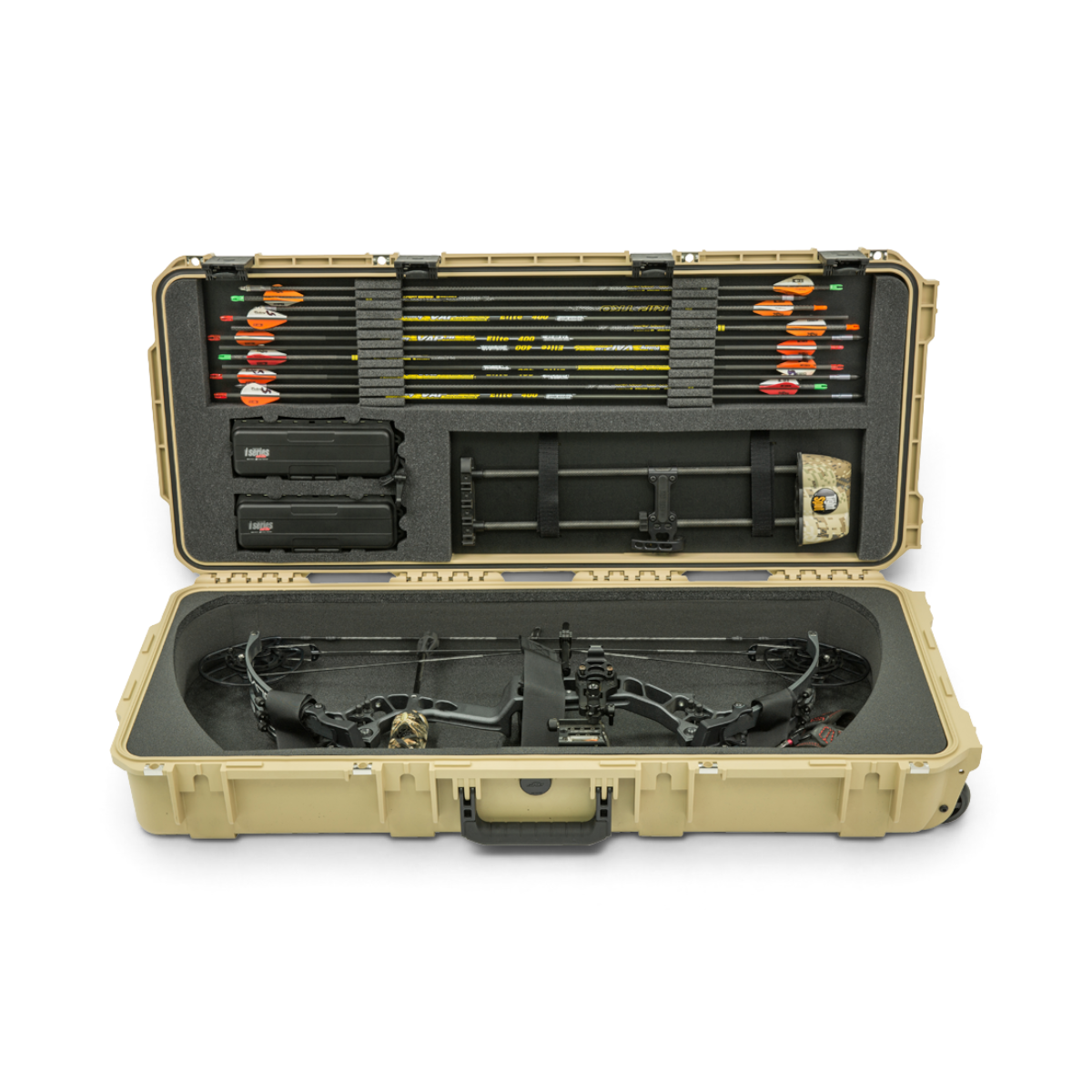 SKB Cases iSeries tan waterproof bow case with custom foam interior, holding a compound bow, arrows, and accessories.