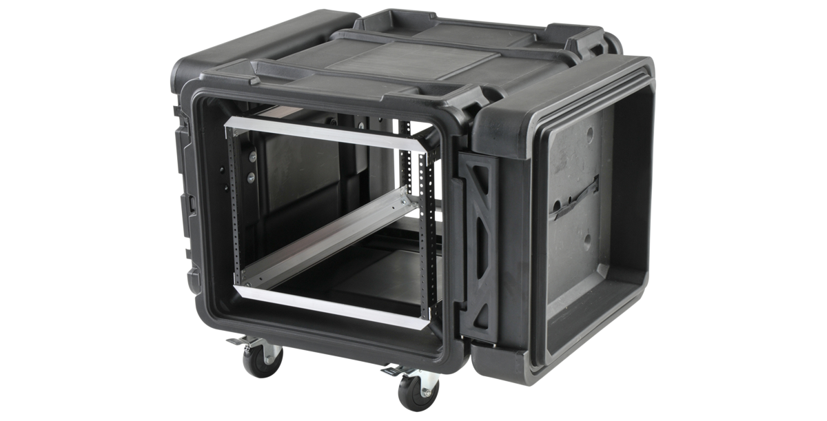 Angled view of 30-inch Shock Rack - 8U with rugged roto-molded design, ideal for heavy-duty server and IT equipment transport and protection.