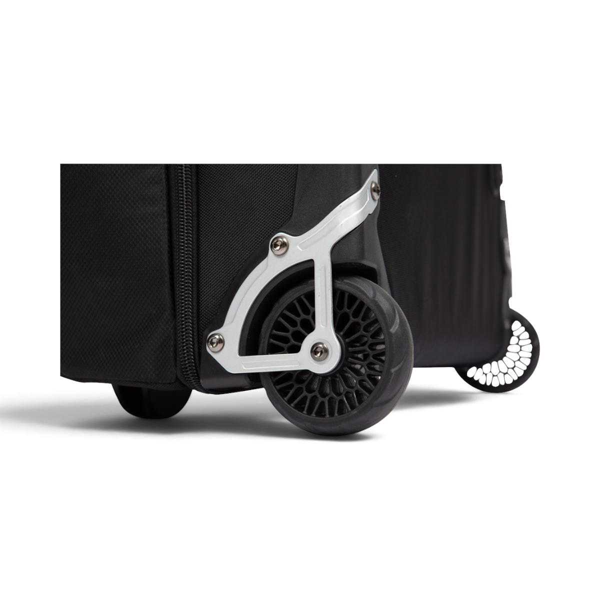 Close-up of the durable black wheel and metal mounting bracket on an SKB Cases Bow Traveler archery gear bag.