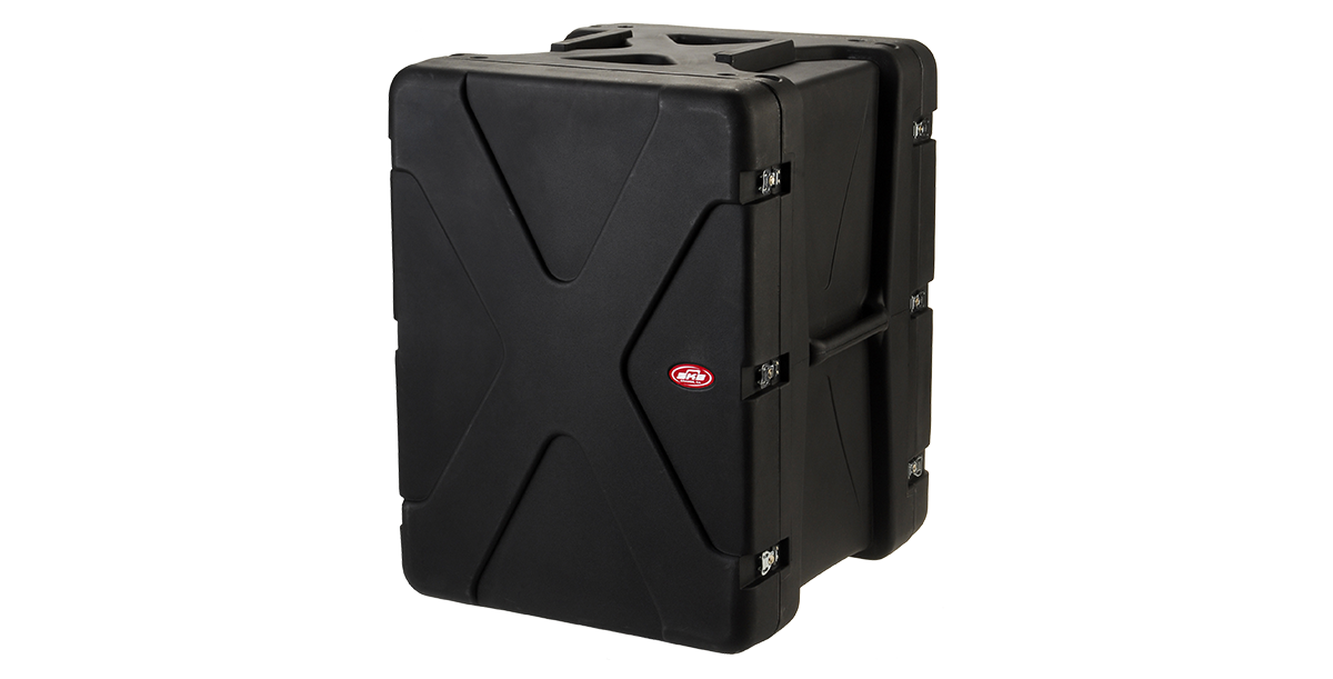 Lightweight 16U shock rack case with secure latches and molded handles, designed for pro-audio and IT gear in rugged environments.